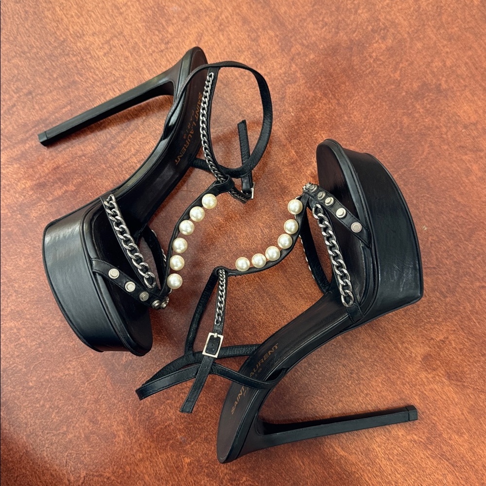 Saint Laurent Paris Pearl and Chain Black Stiletto Platform Sandals Sz 6.5